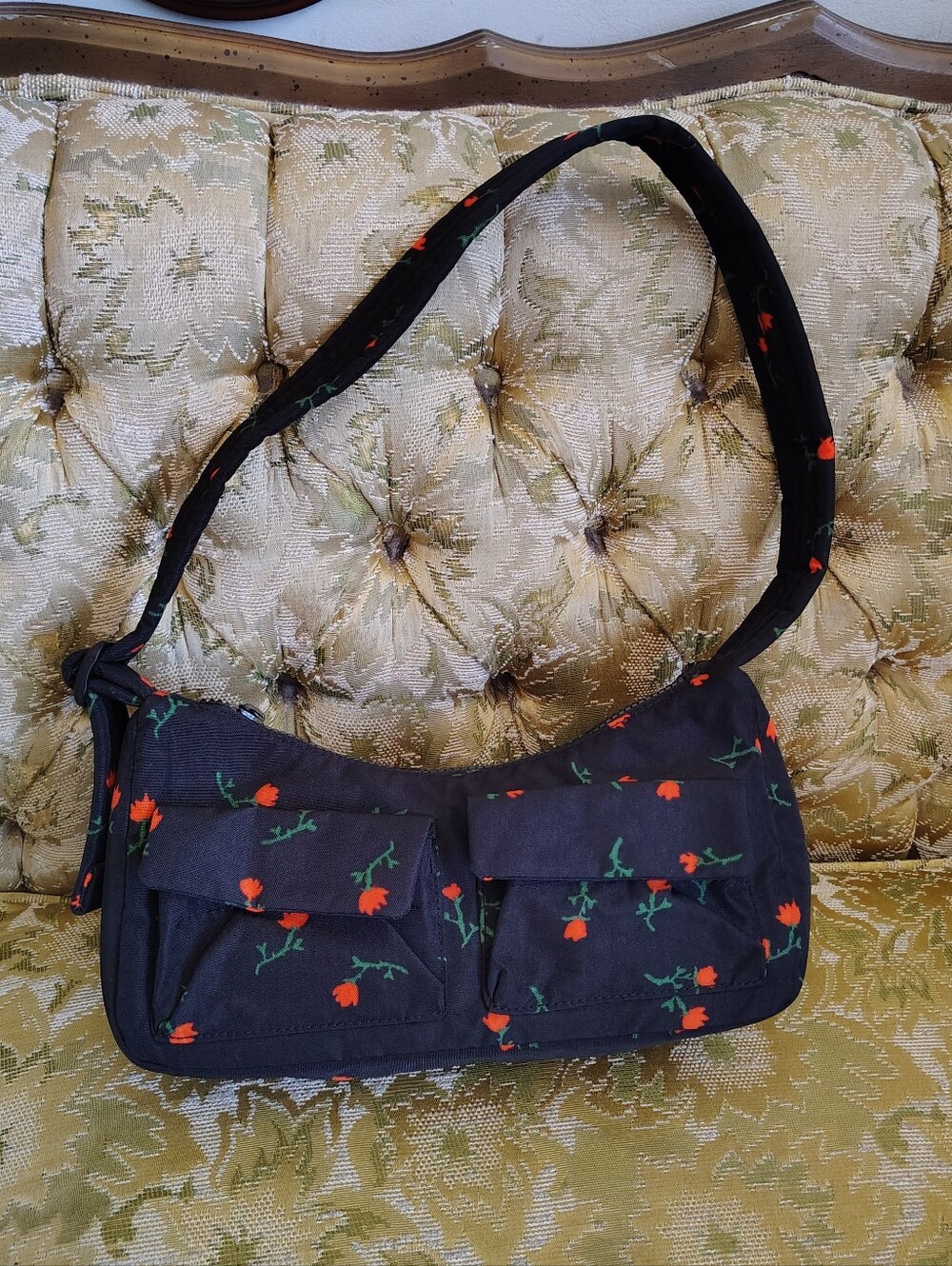 SOLD Baggu Cargo Shoulder Bag in “Painted Wildflower” Recycled Nylon Black Mini - Picture 4 of 7